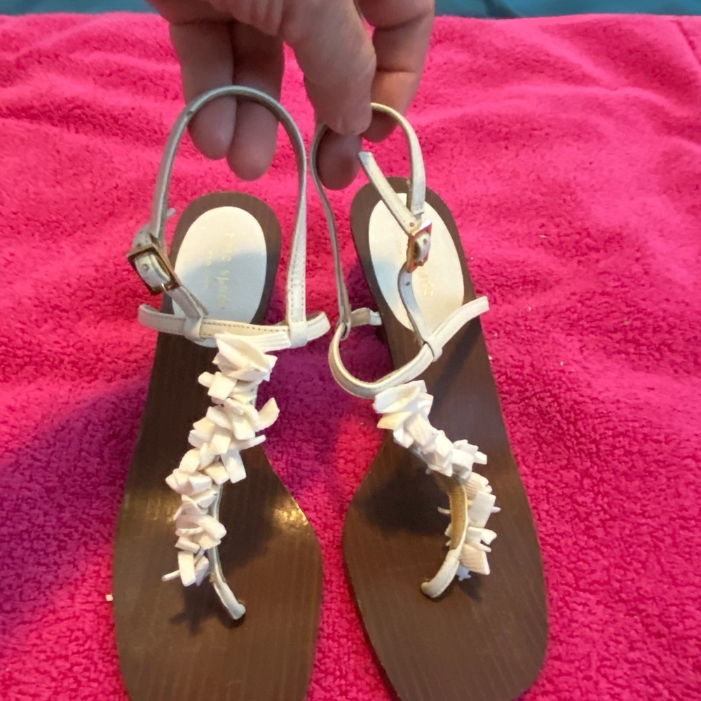 Kate Spade White and Brown Sandals with Beaded T-Strap. Sturdy wooden heel